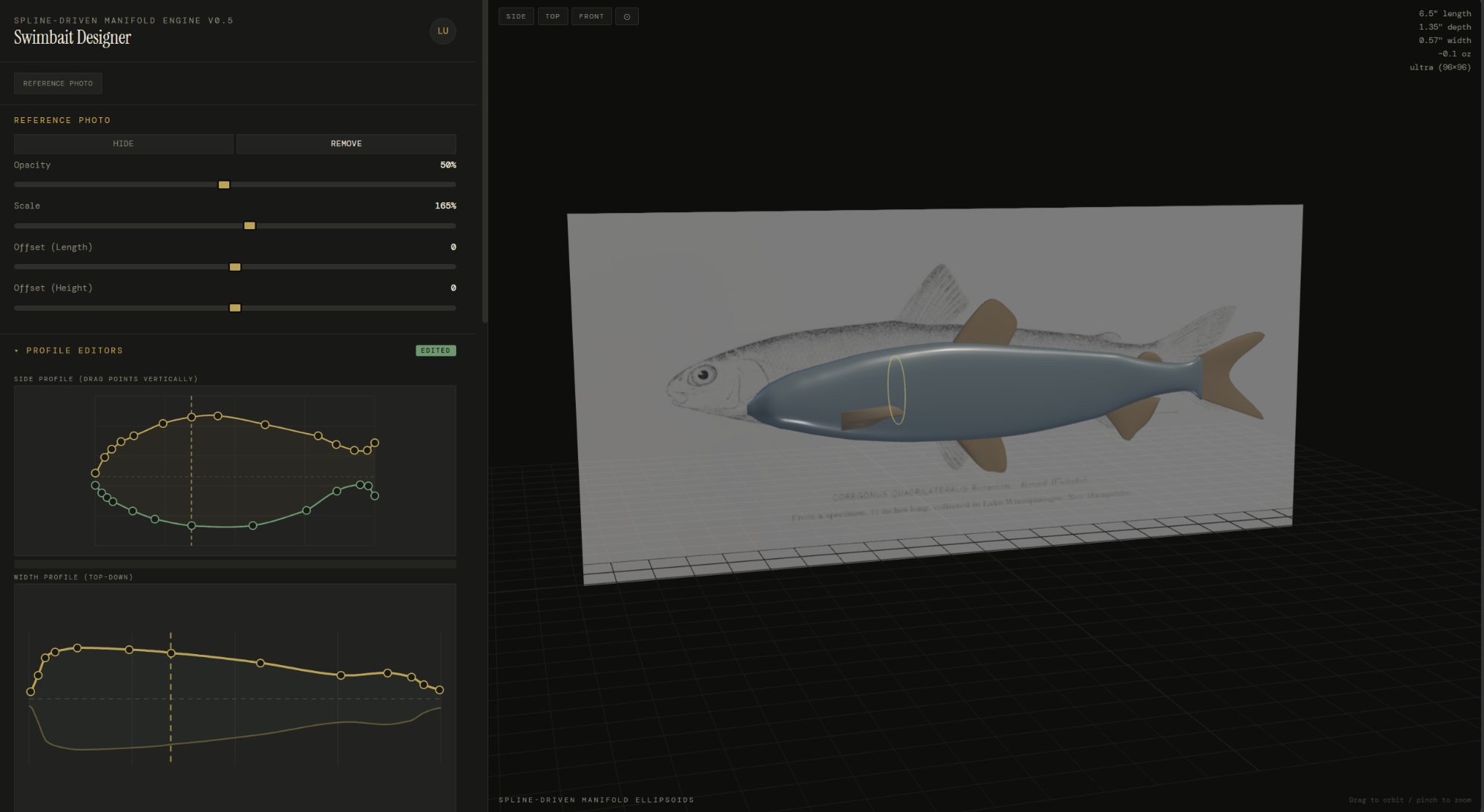 Swimbait Designer with reference photo overlay and spline profile editors